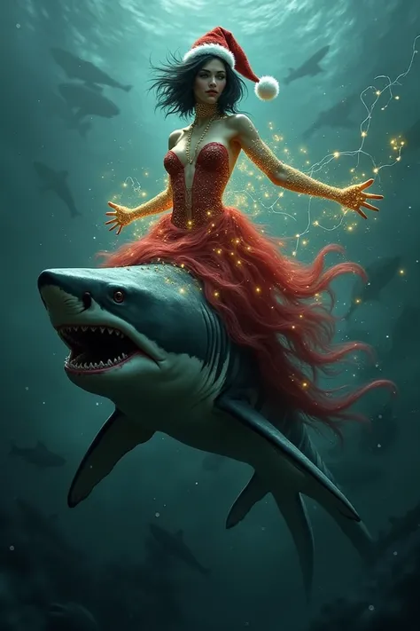 Sea witch with short black hair and santa clause hat and christmas lights around her body, riding a shark in a dark sea full of sharks