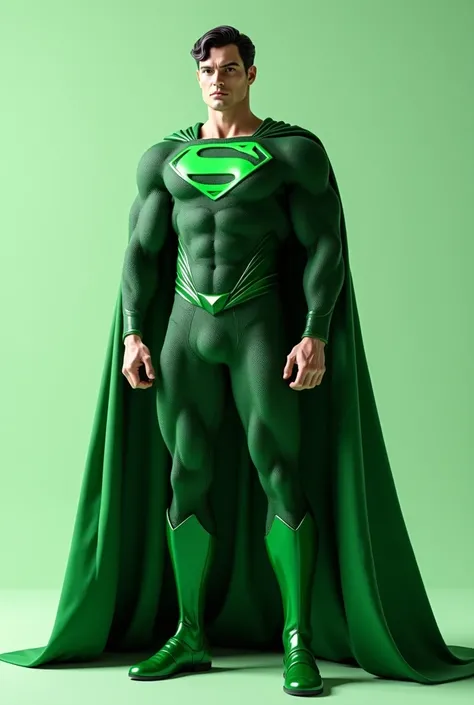  Superman,  costume green, robe of green color , logo green color , green shoes, handsome, dashing , facing forward, stand up straight,  look full body , finger finger detail 