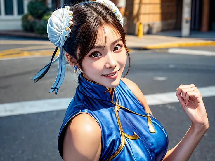 street fight ii chun-li、 perfect Chun-li costume、 blue china dress with gold lines、 bun hair、good cover 、 Fighting Poses、masterpiece、 one beautiful girl 、Fine grain、Puffy eyes、 top quality、超 high definition 、( reality：1.4)、 movie lights、 Japanese、 Asian Be...