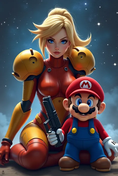 Zero suit samus avec les cheveux attacher et son pistolet qui est assis devant les etoile de la galaxie a coté de mario 