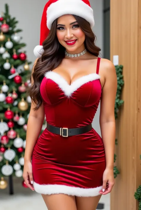 Dressed in a festive, form-fitting red velvet dress trimmed with white faux fur, she exudes holiday cheer. Her outfit clings to her silhouette, highlighting her curves, and is paired with knee-high black boots. She accessorizes with a silver belt around he...