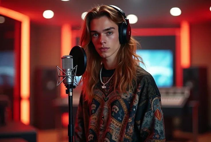 20-years-old handsome French male with piercing hazel eyes and perfectly styled long chestnut-brown hair, he wears stylish streetwear (top and pants with complex patterns), hes a popstar standing in a luxurious  and high-tech music studio with headphones o...