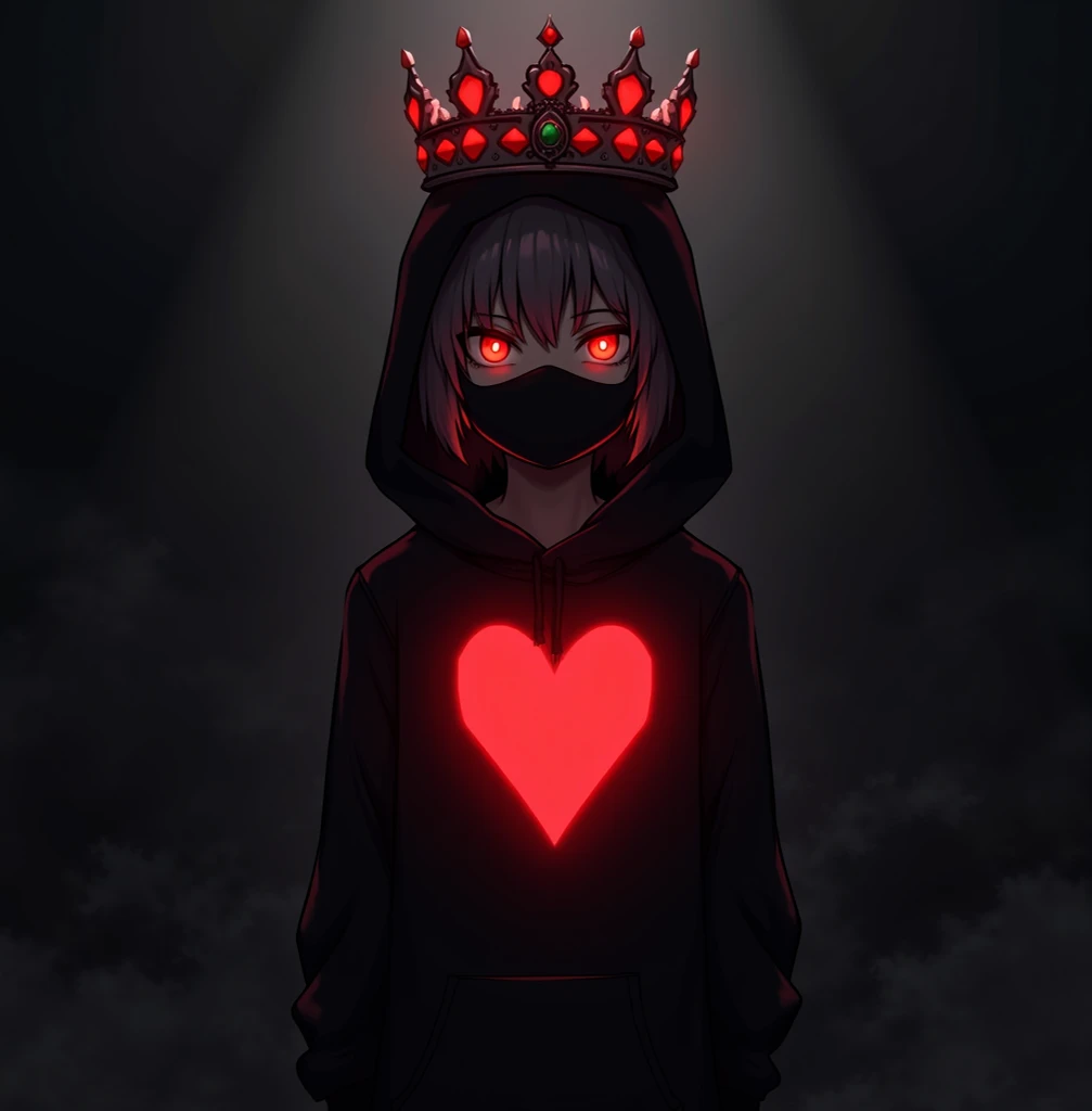 anime boy standing in dark ness wearing black huddy and black mask and with glowy red yes in his chest with heart shape red pixle boderd with white boder and a crown with glowy red gems 