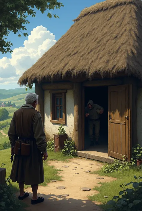  Draw a village house, let a thief enter the house, rob the house, take everything, let the old man see it.