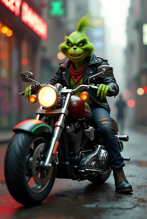 A hyper-realistic, 3D rendered image of a caricatured biker  the grinch sur une Harley Davidson ambiance rock n roll