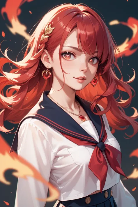 A woman with bright red eyes ,  with small bright pupils ,  a long wavy flame-red hair , with 1,75m, She is wearing a Japanese school uniform,  wears a ruby necklace , she is standing