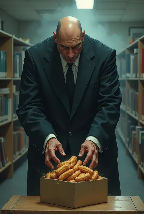 A tall, bald fat guy picking up a box of very suspicious churros in a school 