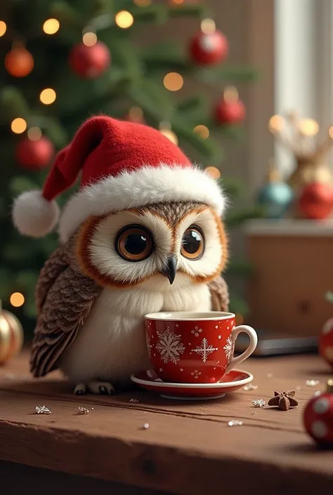 Little owl wearing papanoel hat with Christmas background drinking coffee at home 