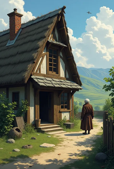   draw a village house, let a thief enter the house, rob the house, take everything, let the old man see this, let the old man hang next to the old man, let the thief run away, Dont let the old man do anything. 