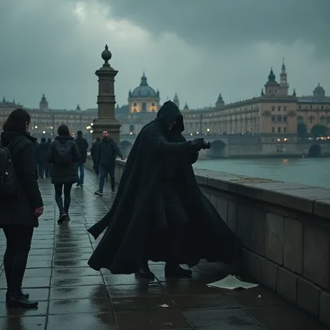 Make an image of a man dressed in black murdering a tourist on the Seville bridge during a cloudy day