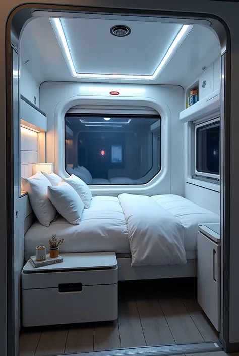 Create a space-saving picture of a bedroom in a train. The folding bed has a smart TV, high-tech, disco lights, a food command button.
