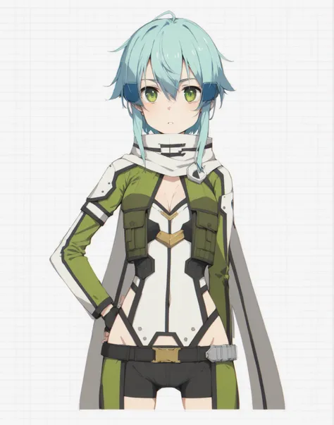  close-up of a figure with a gun in hand ,  Shinons avatar in GGO ， Shinons avatar in GGO 。 she has long light blue hair 、Has green eyes 。 with tactical yellow-green attire、 wears body armor and boots and 、 in a digital battle field 、 has a tense vibe 。 bl...