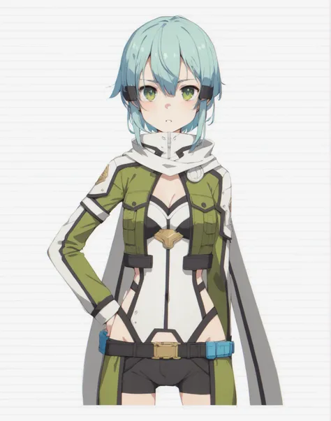  close-up of a figure with a gun in hand ,  Shinons avatar in GGO ， Shinons avatar in GGO 。 she has long light blue hair 、Has green eyes 。 with tactical yellow-green attire、 wears body armor and boots and 、 in a digital battle field 、 has a tense vibe 。 bl...