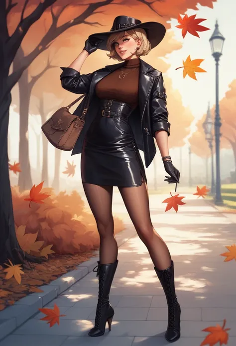 A sexy 16-year-old Iranian girl wearing a black turtleneck dress with brown tights and a short black skirt, wearing black leather gloves and brown high-heeled boots, as well as a brown autumn hat and short blonde hair.  He smokes in a park with autumn leav...