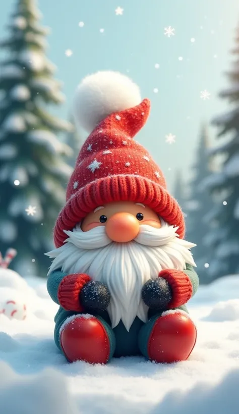 Illustrate a festive and wintery digital scene featuring an adorable gnome seated on a blanket of snow. The gnome wears a cozy red knitted hat adorned with a fluffy white pom-pom, which partially covers its eyes, emphasizing its round orange nose. A soft, ...