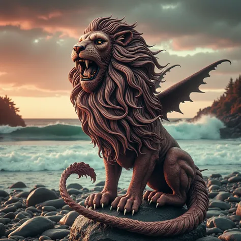  revised image of the fusion between a land lion and a sea lion, highlighting the combined characteristics of both animals . (In the forest by the sea )