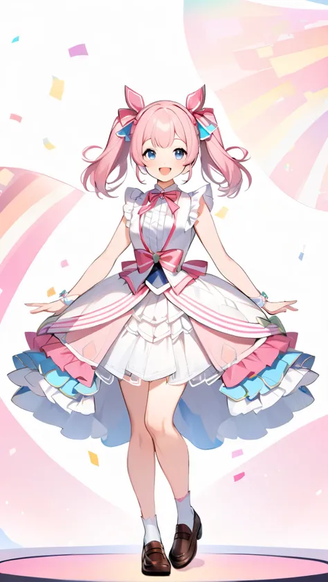 whole body、woman、 cute、vtuber、 white background 、1 person、front、whole bodyが見える、Character portrait、Arms at sides、upright、 open your mouth、smile、 pink hair、 idol costume 、race、Frills、 twin tails、 Japanese girl、 loafers in white、Full Figure、