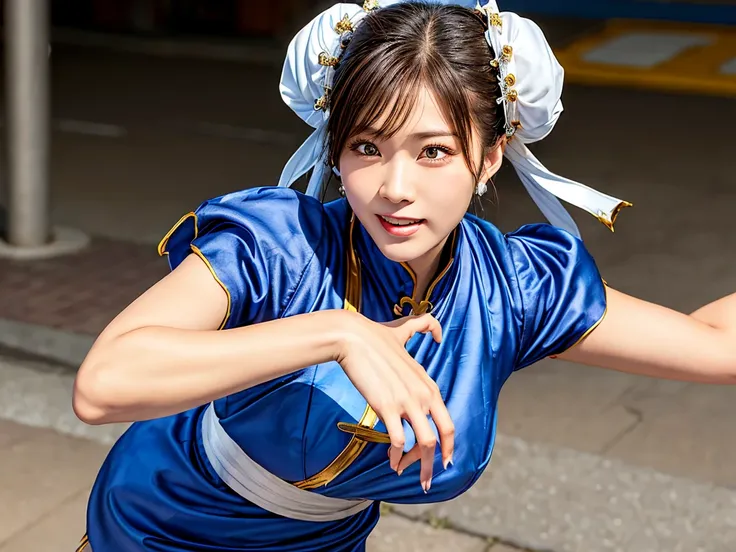 street fight ii chun-li、 perfect Chun-li costume、 blue china dress with gold lines、 bun hair、good cover 、 Fighting Poses、masterpiece、 one beautiful girl 、Fine grain、Puffy eyes、 top quality、超 high definition 、( reality：1.4)、 movie lights、 Japanese、 Asian Be...