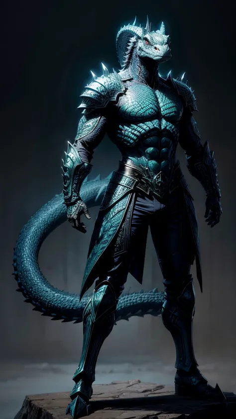 Fuck_ Anthropomorphic Komodo Dragon King from Sci-Fi. shows the full body.  The skin color is blue-green .  the presence of horns on the head . Armor with  INTRICATE DETAILS . Rich flake texture.  Professional studio photographs . ultrarealistic,  INTRICAT...