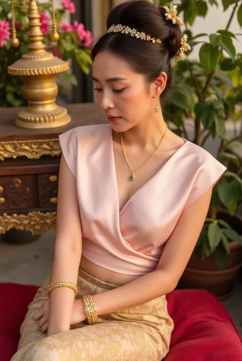 EmpressofAyodhaya,detail dress ,A serene Thai woman dressed in pastel pink silk wrap top and a golden brocade skirt, adorned with delicate floral patterns. Her hair is styled in an elaborate high bun decorated with gold accessories, complemented by intrica...