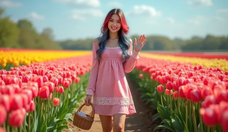 Create the most professional and realistic portraits including lighting, colors, textures, atmospheres, faces in UHD resolution Full body, wide angle. 24 years old Russian woman with long wavy blue and red hair. She stands in a field of colorful tulips. Sh...