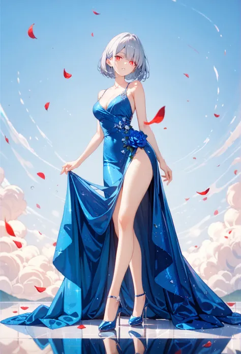 1girl, Alone,silver hair, red glowing eyes, bob cut  sharp facial features, porcelain skin,sky blue Camisole Dress,high heels,blue flower,Luxurious dress,Gorgeous Embroidery dress,marble,Fluttering Petals, high resolution, 