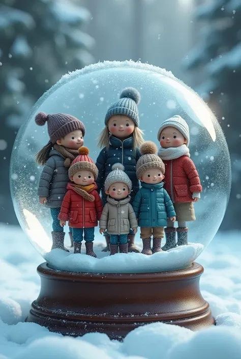 Image of 6 people in a snow globe 
From the front 