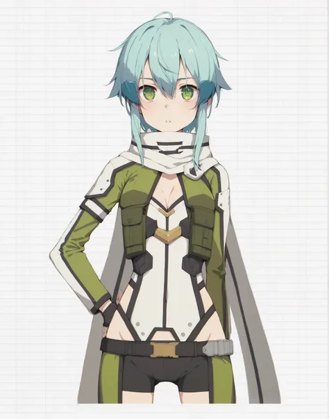  close-up of a figure with a gun in hand ,  Shinons avatar in GGO ， Shinons avatar in GGO 。 she has long light blue hair 、Has green eyes 。 with tactical yellow-green attire、 wears body armor and boots and 、 in a digital battle field 、 has a tense vibe 。 bl...