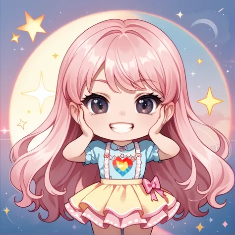 (1 Chibi Girl, Alone:1.3), cute,  Big Lowered Eyes , ( dark eyes:1.1), ( pastel pink hair :1.1), 
Short sleeves，Girly， flare skirt，
，(  Masterpiece  ,  top quality,  super detailed:1.2),solo,  1 girl , Nipatsun ,  Very Long Hair , 

Decided, Grin,  and mak...