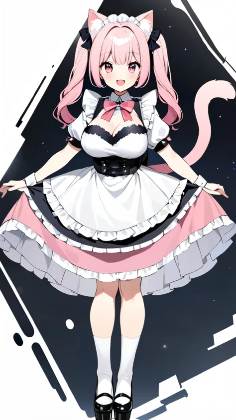 whole body、woman、 cute、vtuber、 white background 、1 person、front、whole bodyが見える、Character portrait、Arms at sides、Stand upright with legs aligned、 open your mouth、smile、 pink hair、Cat ears、 cats tail、Maid Costume、race、Frills、 twin tails、日本のwoman、 High Socks、...