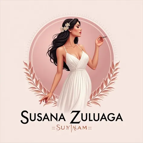 Social media logo of a makeup artist with a Greek goddess theme that includes the name of Susana Zuluaga,  that has no people and has shades of pink, that shows elegance and glamor 