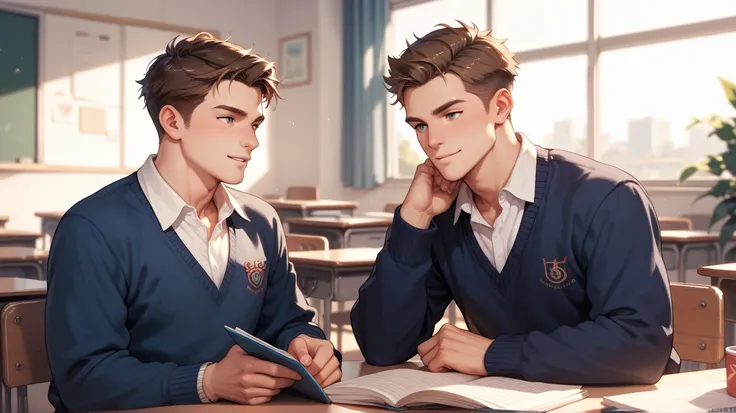 2 men, student, handsome, brown hair, wearing sweater, school as background