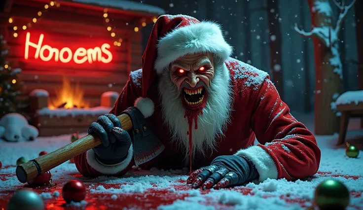 Create an intensely horrifying Christmas banner inspired by 80s slasher horror. Center the image on a close-up of a grotesque, demonic Santa Claus. His blood-streaked face is twisted into a sinister grin, revealing jagged, blood-drenched teeth. His glowing...