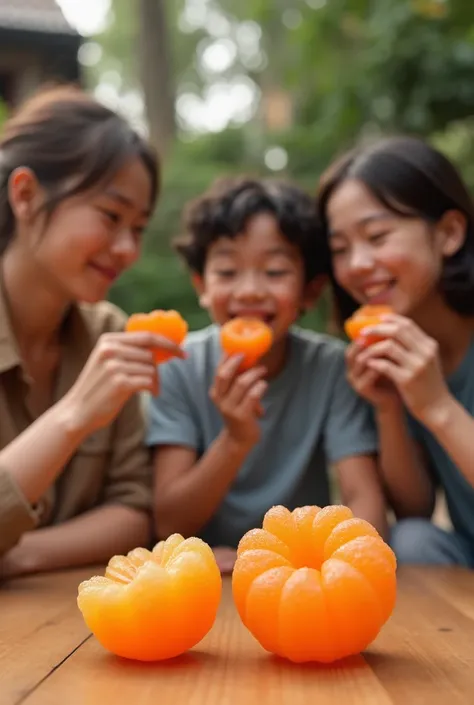 Create me a realistic image of normal people eating orange gummies