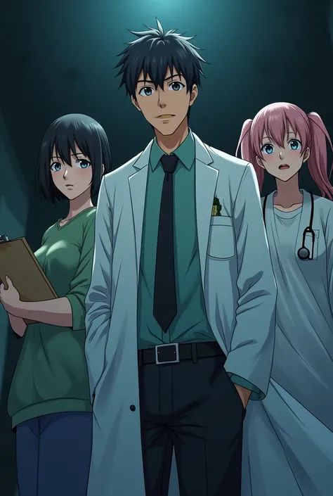 Anime Scifi style poster with one male scientist in his 30s who looks firm and serious, 1 female who has side bangs and is holding a clipboard, 1 female who is wearing a patient gow with pigtails looking a little pale. They are in a zombie apocalypse. All ...