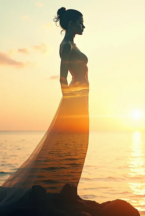 high quality, 8K Ultra HD, A beautiful double exposure that combines an goddess silhouette with sunset coast, sunset coast should serve as the underlying backdrop, with its details incorporated into the goddess , crisp lines, 