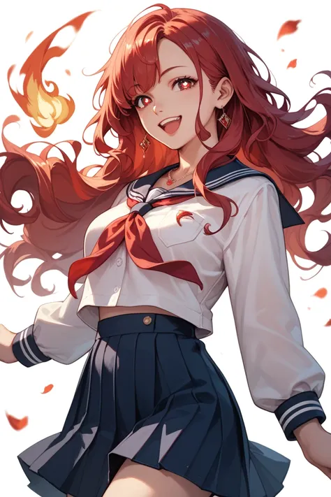 A woman with bright red eyes ,  with small bright pupils ,  long wavy flame-red hair, with 1,75m, She is wearing a Japanese school uniform,  wears a ruby necklace , she is standing, she is happy