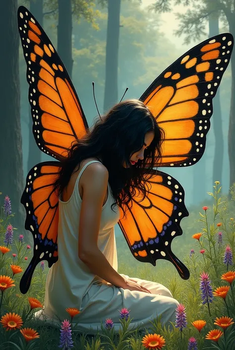 woman kneeling, head down,  wavy black hair, with butterfly wings hugging her, closed around her body , like a cocoon. in a field, bushes,  lupine trees and flowers.
