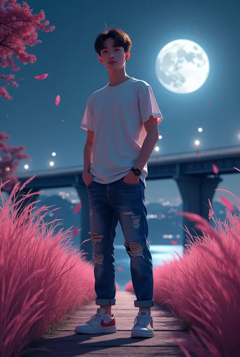 Featuring Poto realism HD full body , A handsome 19-year-old Korean man standing on tall pink grass ,  The man is wearing a distro t-shirt shirt box jeans box tears Jordans shoes, background of a bridge spread over a river , the atmosphere is very dark and...