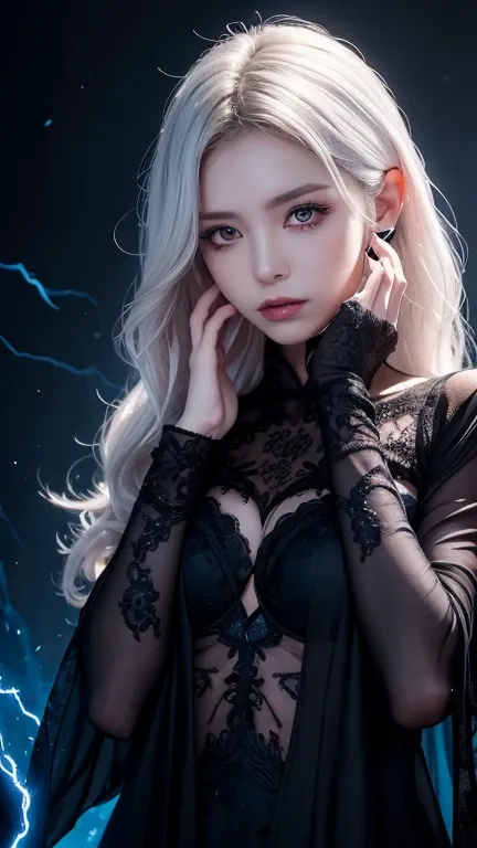 A mysterious and ethereal woman with strikingly blue glowing eyes, framed by intricate black cracks that branch across her pale, porcelain-like skin. Her hair is silvery white, styled in soft waves, contrasting the dark, sinister elements of her appearance...