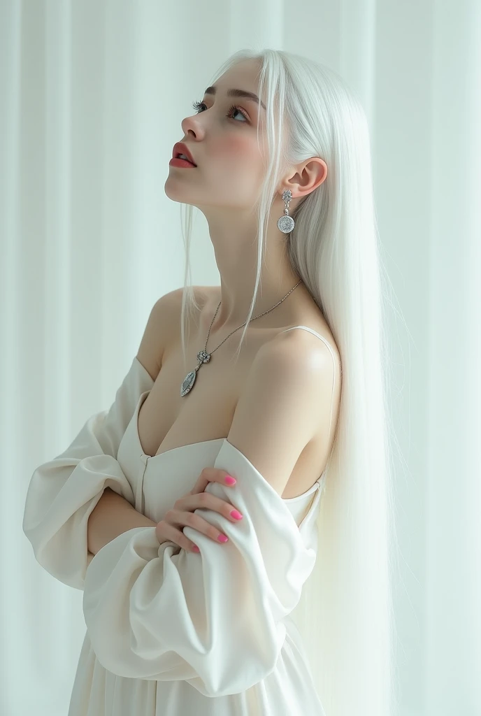 A woman with long straight white hair slicked back,I want her without eyebrows in a very alternative vibe,wearing a white silk dress,she&#39;ll do a pose like she&#39;s hugging herself,She will look up and a diamond tear will come out of her eyes,I want th...