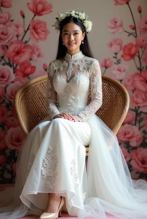 portrait of a young woman wearing a traditional Indonesian wedding dress. She is sitting on a wicker chair in front of a background of pink and red flowers. The woman is wearing a long-sleeved, white dress with intricate embroidery and embellishments. The ...