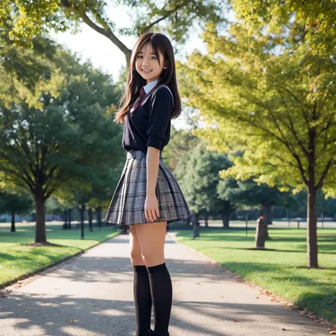 A happy long haired school girl wearing skirt in park.