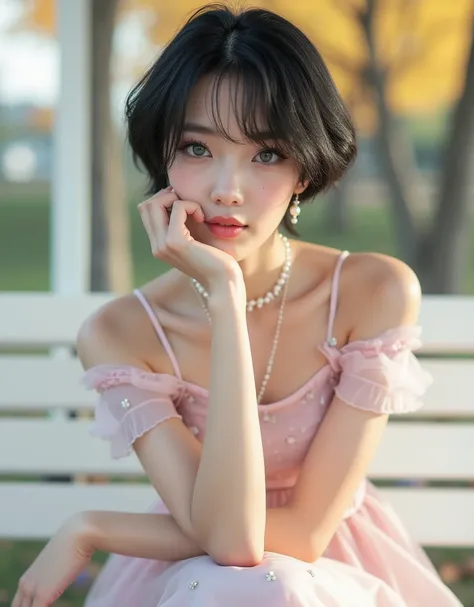 (8k, Photorealistic, Original photo, Highest quality: 1.4),Japanese idol-style beautiful girl,1,1 person,(Short Wolf Cut),(Black Hair),She has her hair tucked behind her ears,Clear grey eyes,Long eyelashes,(piercings(pearl)),(Lip gloss),lips(Plump,glossy),...