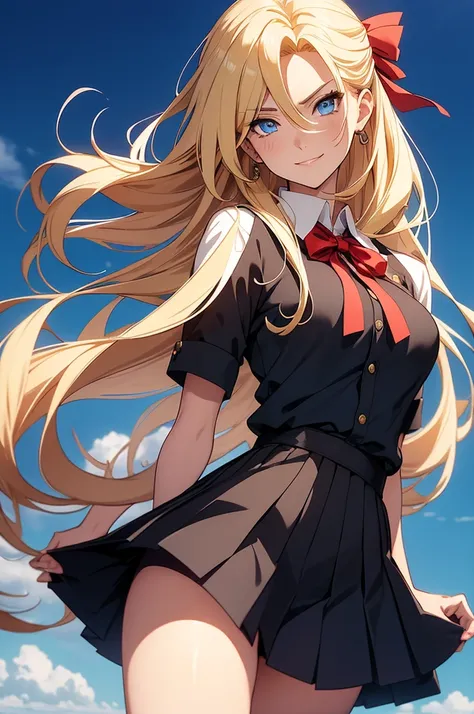 Naruto Uzumaki, reimagined as an elegant young woman, exudes charm and energy in a stylish schoolgirl outfit. Her long, flowing blond hair cascades in soft, golden waves, tied partially with a red ribbon, perfectly framing her radiant face. The outfit feat...