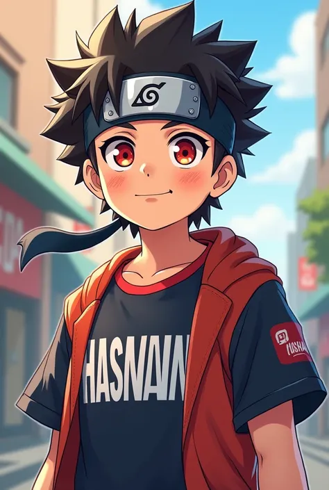 Anime character named hasnain on there shirt age 13 and red eyes with Naruto head band
