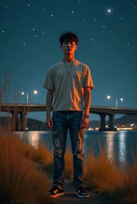 Featuring Poto realism HD full body ,A 19-year-old Korean handsome man is standing in the tall grass the orange color of the man is wearing a distro t-shirt and a box shirt of jeans rips Jordans shoes, background of a bridge spread over a river ,the atmosp...