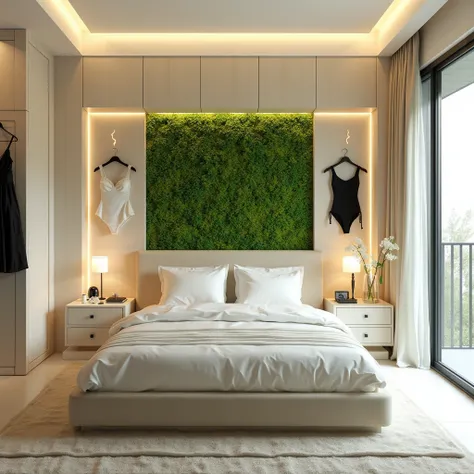 Professional real photo design with modern, bright moss and very bright thunder and bright cream and bright black and white wood。 modern and minimalistic design for a s bedroom 。rens bed 。 s bed on the back 。 maid clothes and swimsuit hanging on the back w...