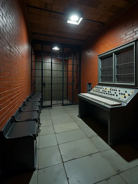 A basement room ,  with a large cage of metal bars on one side ,  you can also see a computer control table with many buttons and cables,  the walls are red brick ,  the gray stone tile floor .  It is a room designed as a secret prison .