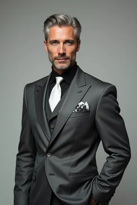 ((Highest quality)), ((masterpiece)), (detailed),Grey suit，male，35-year-old，White tie，Grey Hair，blue eyes，Black shirt，half，Nape